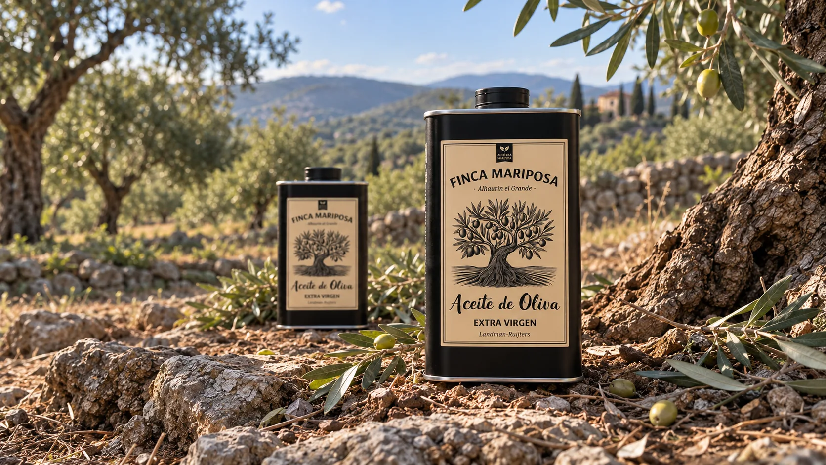Het literblik olijfolie van Finca Mariposa in de olijfgaard