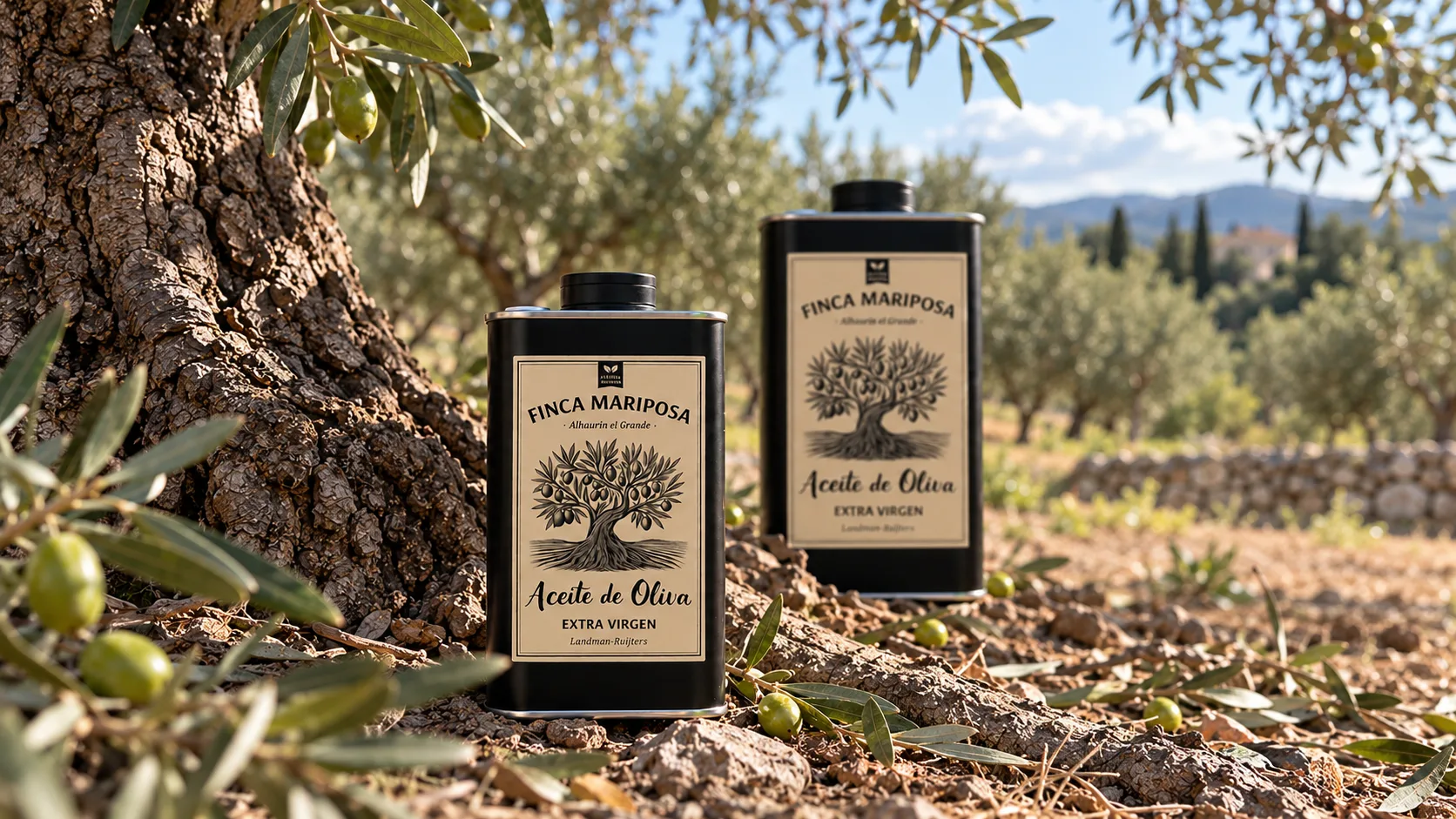 Het halveliterblik olijfolie van Finca Mariposa in de olijfgaard